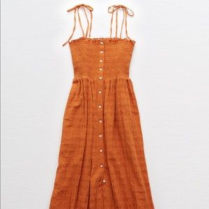 Aerie smocked midi dress w/ buttons, tie straps, S
